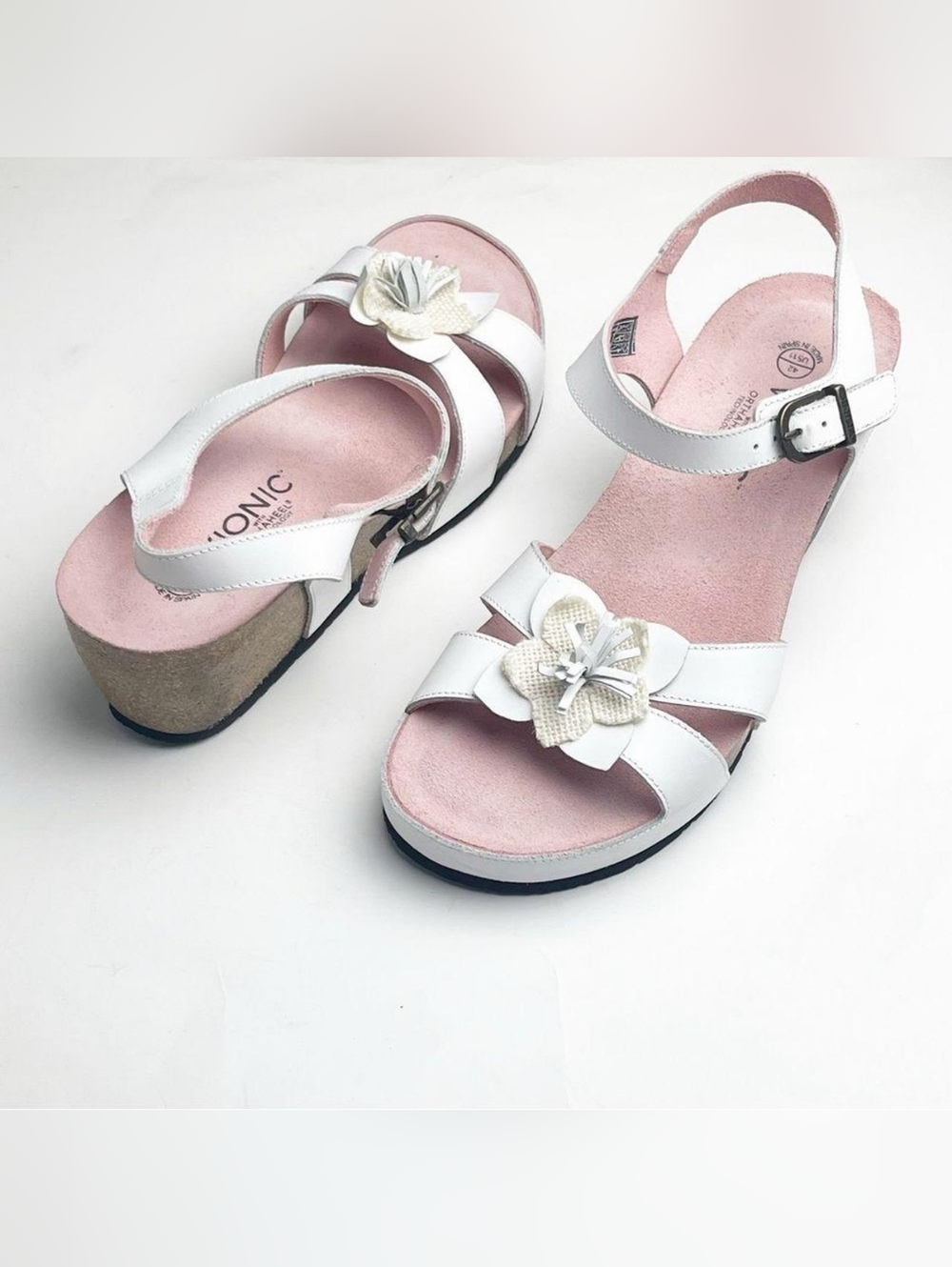 Vionic Gibraltar White Adjustable Ankle Straps Cork Wedge Sandals